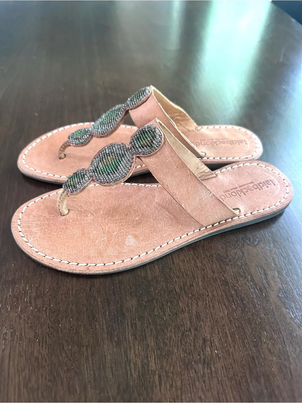 Free People Laidback London Brown Leather Beaded T Strap Sandals Brown Green 7